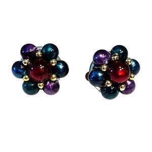 Vintage clip on earrings gem tones & gold beaded clusters mid century rounds